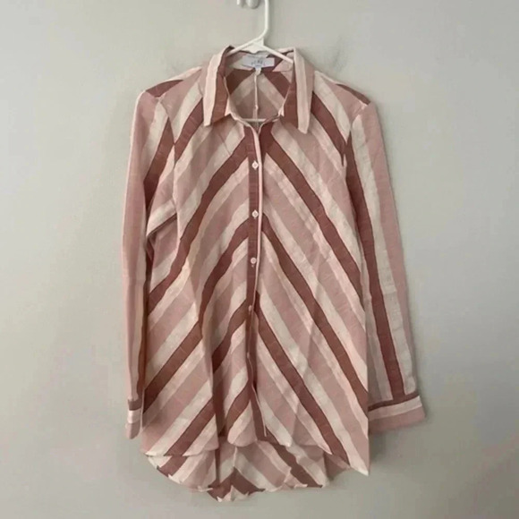 PEARL BY LELA ROSE Striped Linen Button Down Top Blush Multi Small - Picture 3 of 9